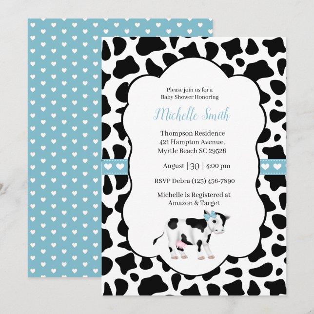 Invitación Baby Shower de impresión de vaca blanca (Anverso / Reverso)