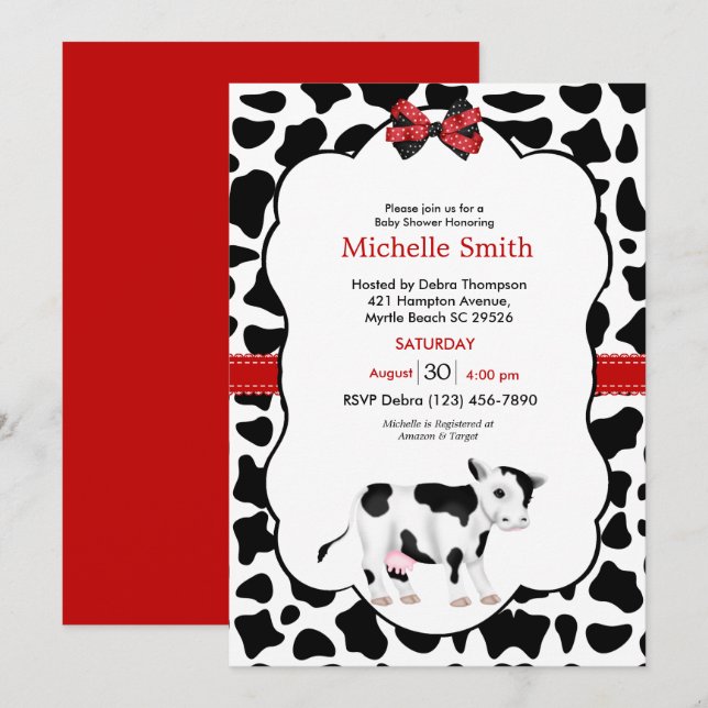 Invitación Baby Shower de impresión de vaca negra  (Anverso / Reverso)