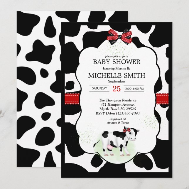 Invitación Baby Shower de impresión de vaca neutra (Anverso / Reverso)