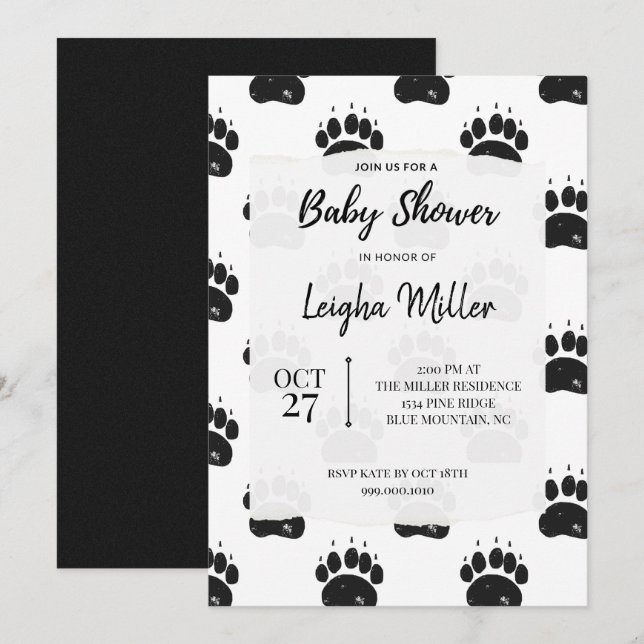 Invitación Baby Shower de impresión de Woodland Bear Paw (Anverso / Reverso)