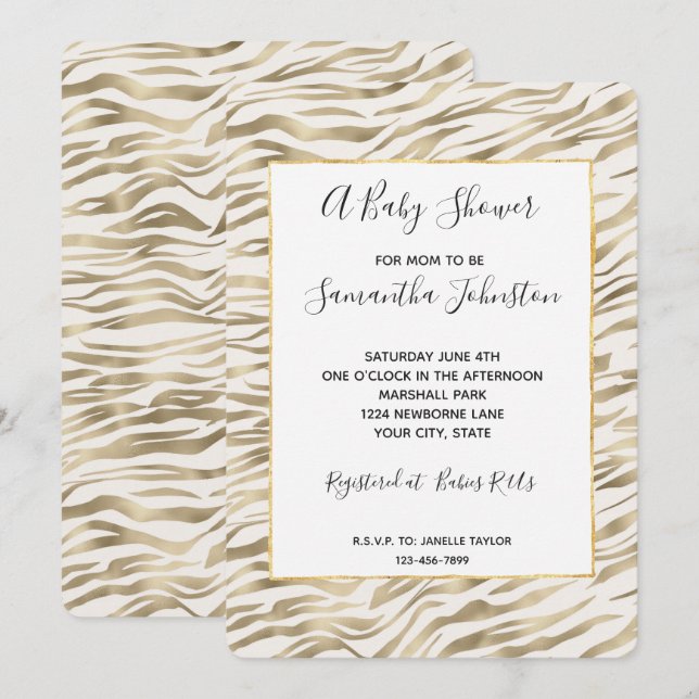 Invitación Baby Shower de impresión de zebra dorada (Anverso / Reverso)
