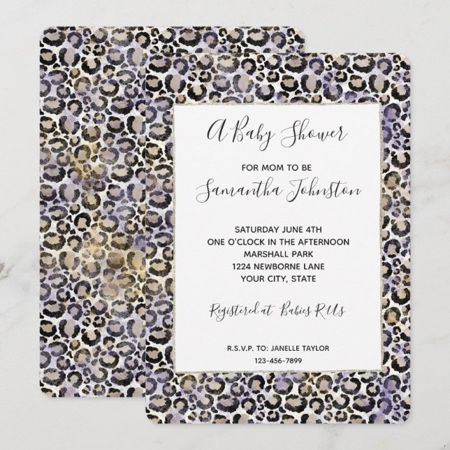 Invitación Baby Shower de impresión Purple Gold Leopardo (Anverso / Reverso)