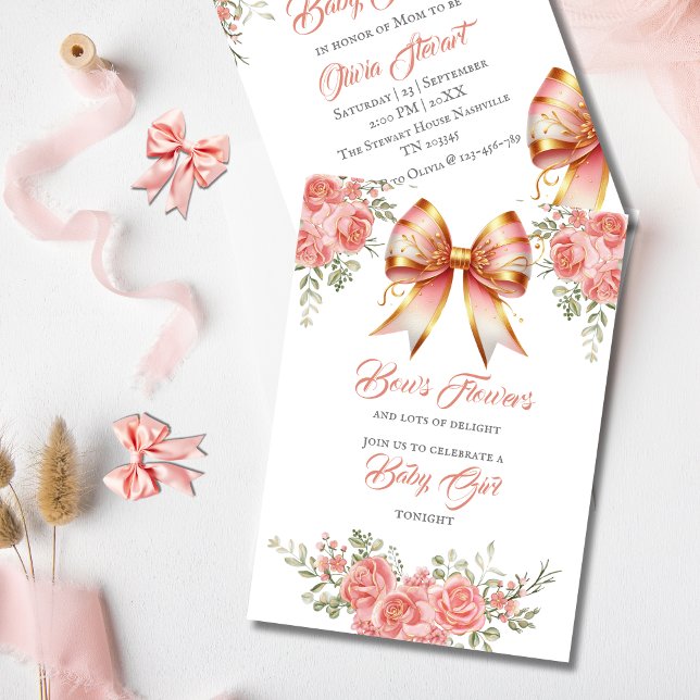 Invitación Baby Shower de inflexión dorada y rosa (Subido por el creador)