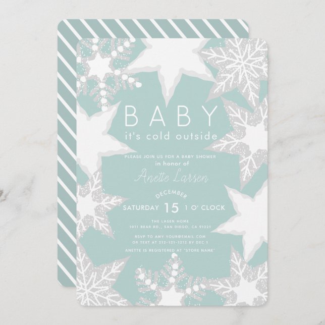 Invitación Baby Shower de invierno azul con copos de nieve es (Anverso / Reverso)