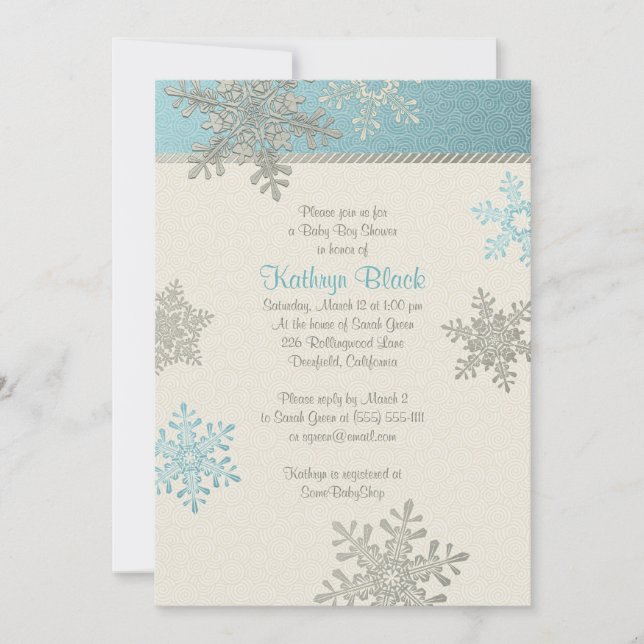 Invitación Baby Shower de invierno Blue Silver Ivory Snowflak (Anverso)