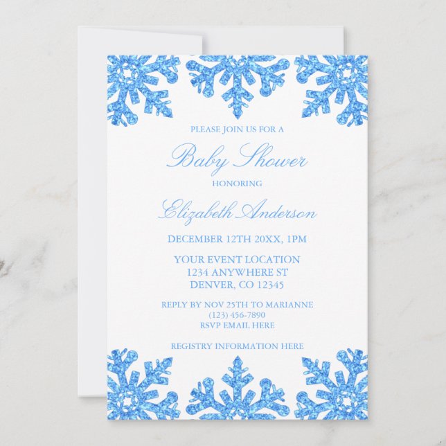 Invitación Baby Shower de invierno con copo de nieve azul (Anverso)