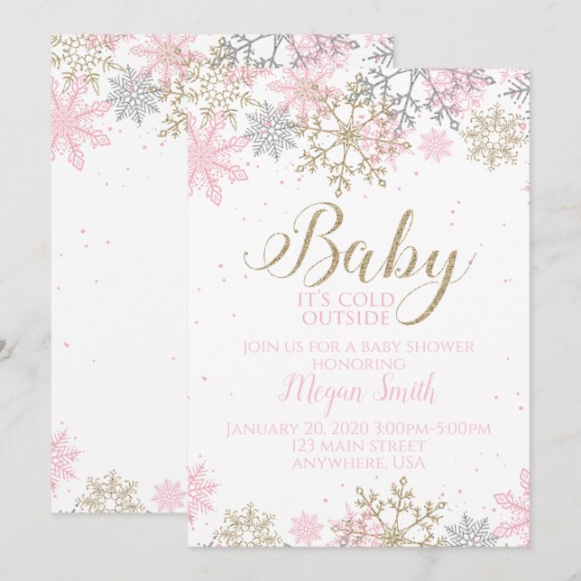 Invitación Baby Shower de invierno con copo de nieve rosa y d (Anverso / Reverso)