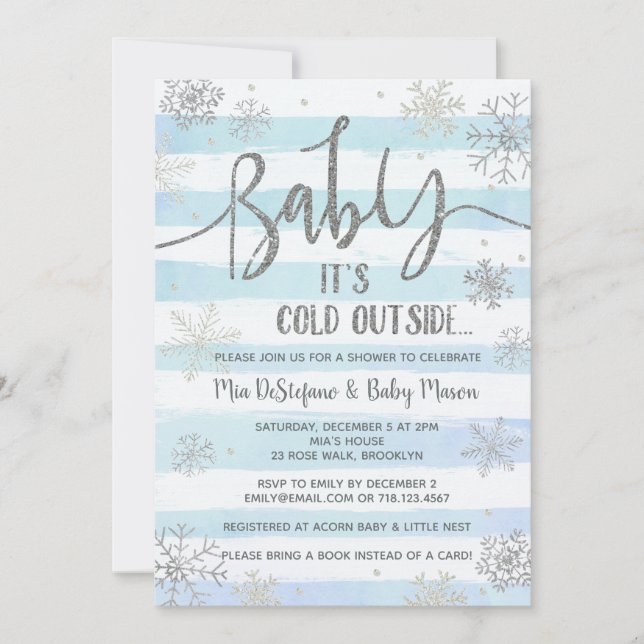 Invitación Baby Shower de invierno con copos de ni (Anverso)