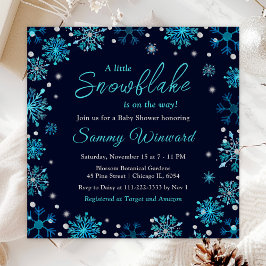 Invitación Baby Shower de invierno con copos de nieve azules 