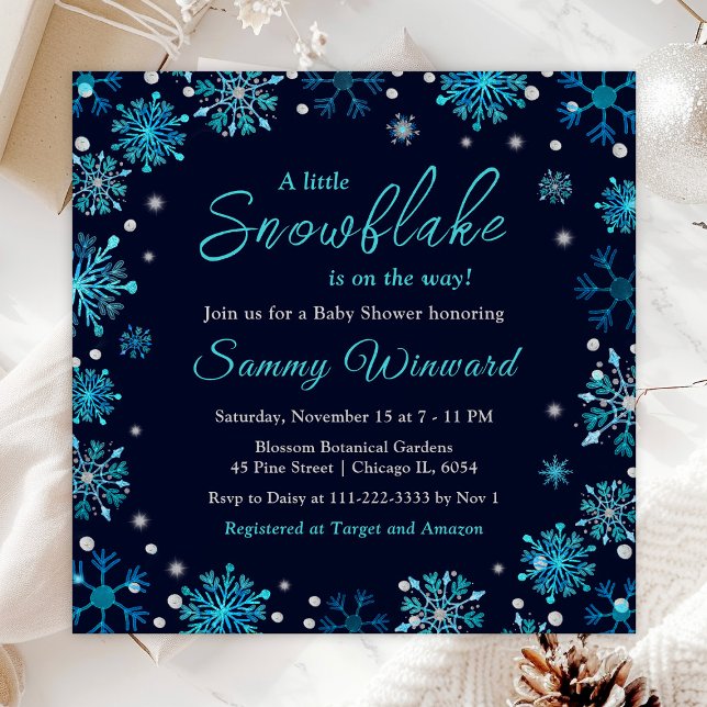 Invitación Baby Shower de invierno con copos de nieve azules  (Subido por el creador)