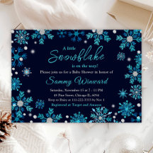 Baby Shower de invierno con copos de nieve azules 