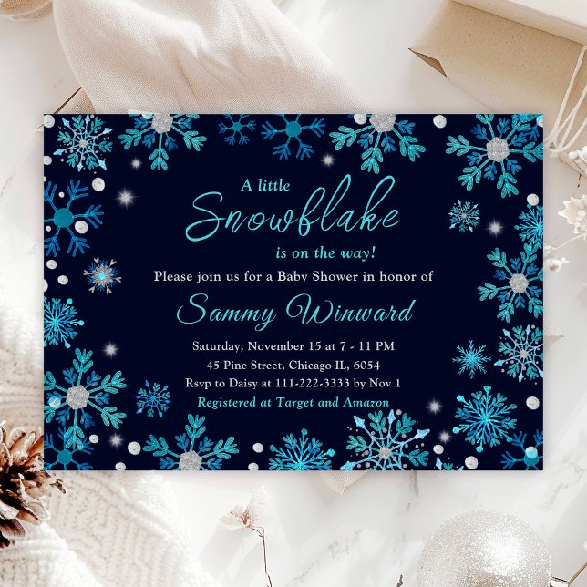 Invitación Baby Shower de invierno con copos de nieve azules  (Subido por el creador)