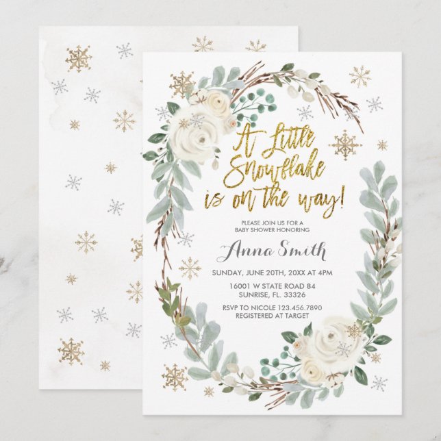 Invitación Baby Shower de invierno con copos de nieve con flo (Anverso / Reverso)