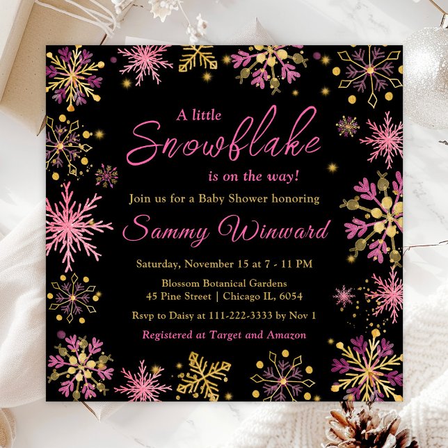 Invitación Baby Shower de invierno con copos de nieve dorados (Subido por el creador)