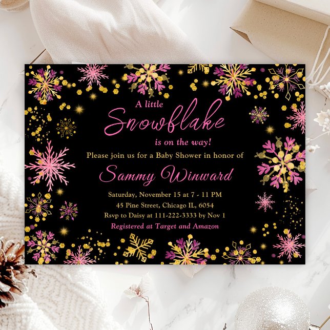 Invitación Baby Shower de invierno con copos de nieve dorados (Subido por el creador)
