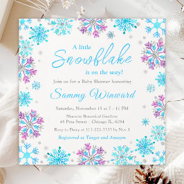 Invitación Baby Shower de invierno con copos de nieve morados