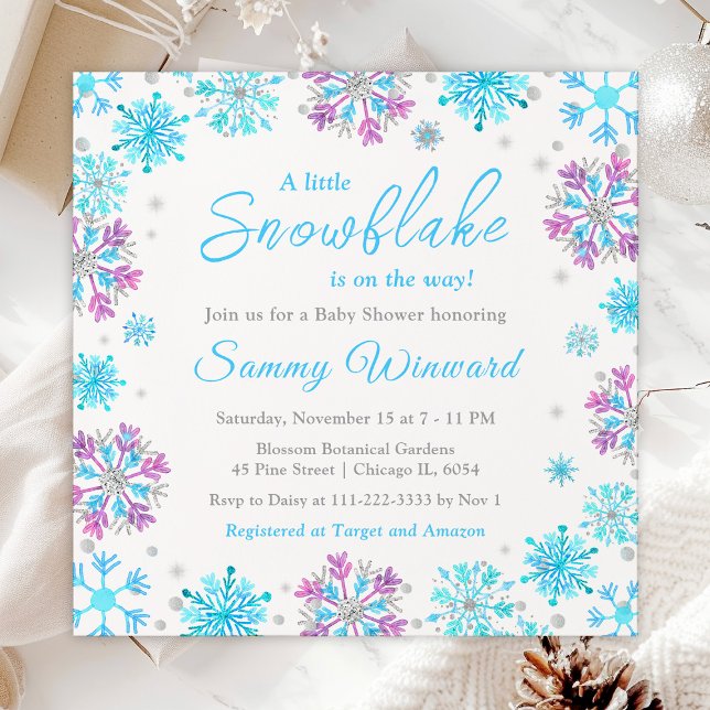Invitación Baby Shower de invierno con copos de nieve morados (Subido por el creador)
