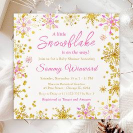 Invitación Baby Shower de invierno con copos de nieve rosados