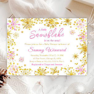 Invitación Baby Shower de invierno con copos de nieve rosados