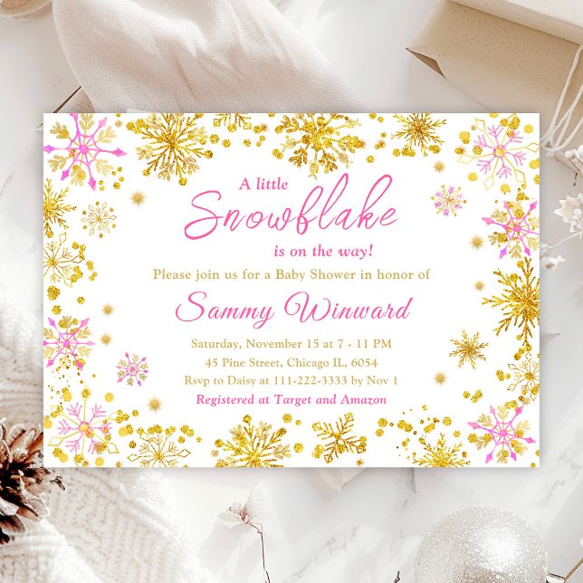 Invitación Baby Shower de invierno con copos de nieve rosados (Subido por el creador)
