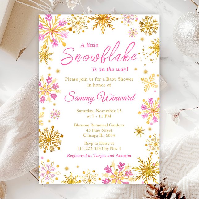 Invitación Baby Shower de invierno con copos de nieve rosados (Subido por el creador)