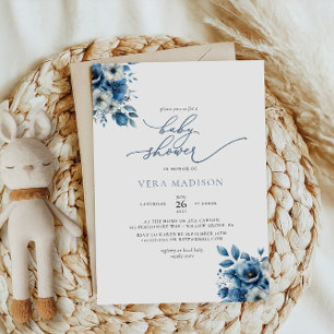 Invitación Baby Shower de invierno con flores azules y polvor