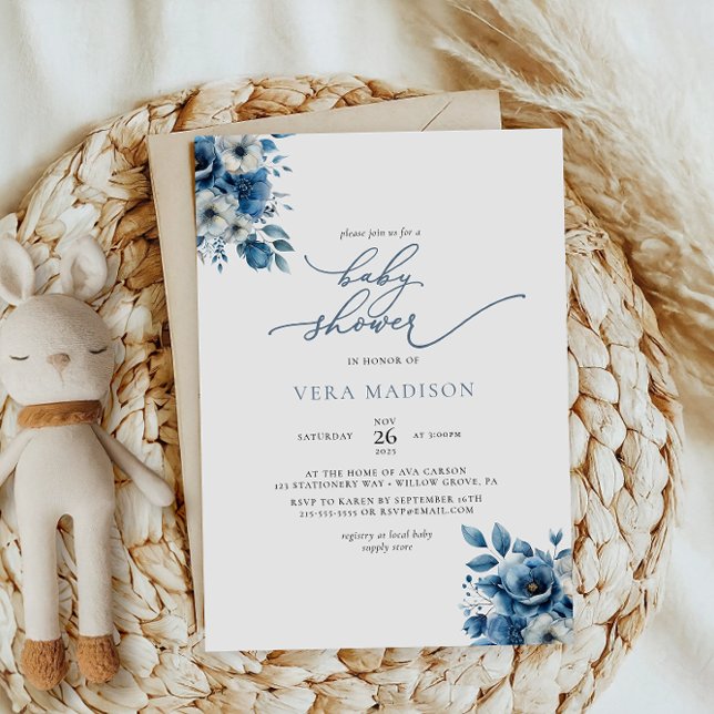 Invitación Baby Shower de invierno con flores azules y polvor (Subido por el creador)