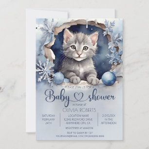 Invitación Baby Shower de invierno de color de agua gatito pe