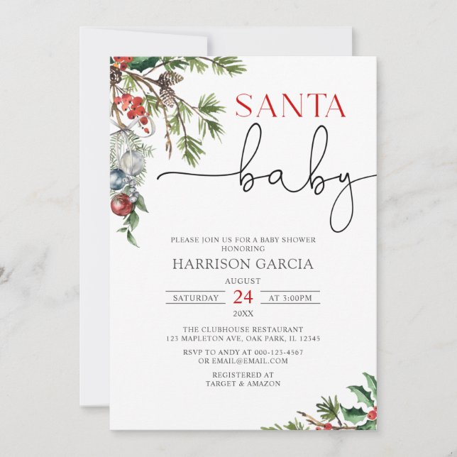 Invitación Baby Shower de invierno de Holiday Wreath Santa Ba (Anverso)