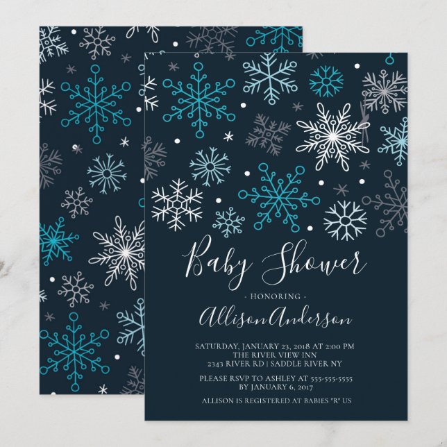 Invitación Baby Shower de invierno de los copos de (Anverso / Reverso)