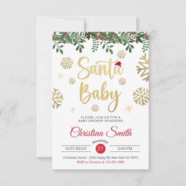 Invitación Baby Shower de invierno de Santa Baby Gold Snowfla (Anverso)