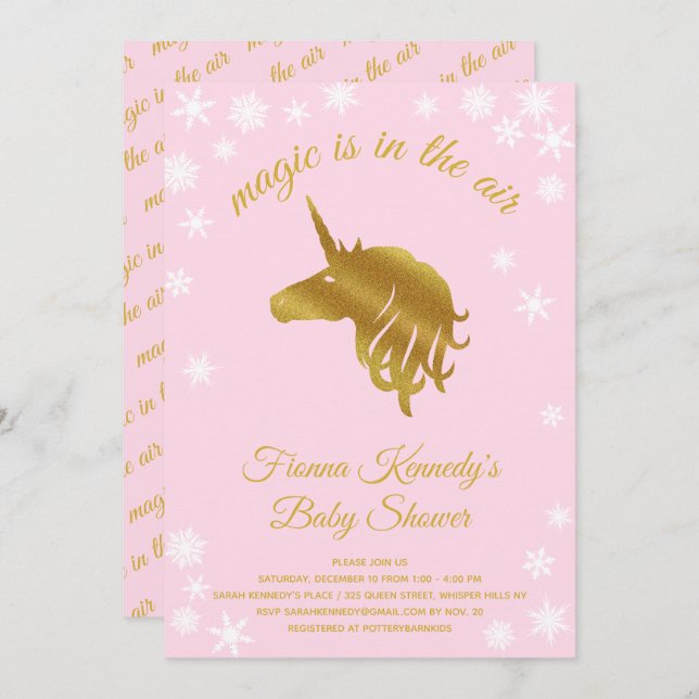 Invitación Baby Shower de invierno de unicornio mágico rosa (Anverso / Reverso)