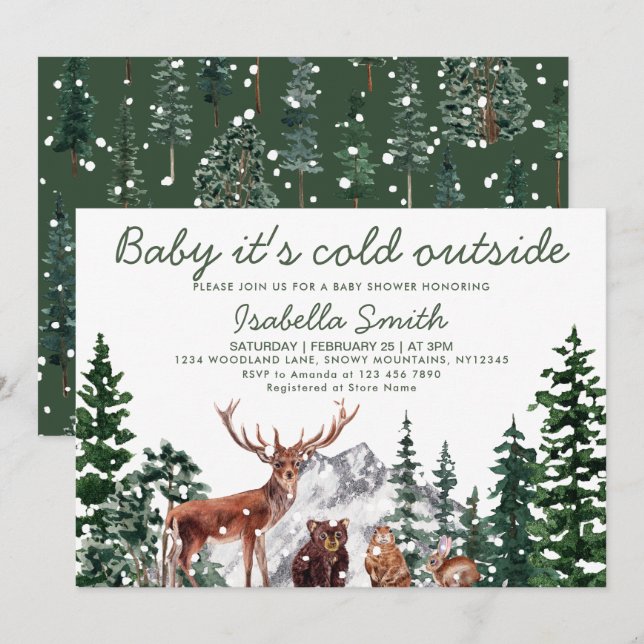 Invitación Baby Shower de invierno de Woodland Animal (Anverso / Reverso)