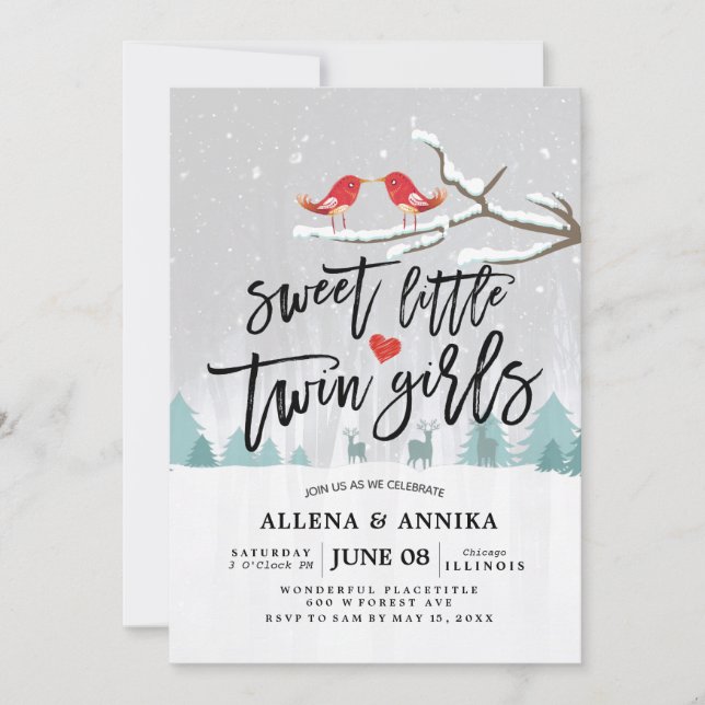 Invitación Baby Shower de invierno dulce Chicas gemelos (Anverso)