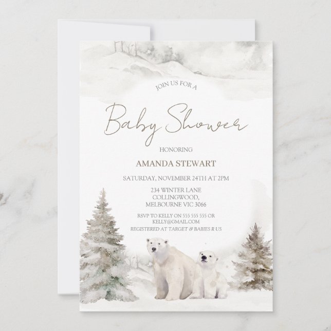 Invitación Baby Shower de invierno moderno con osito polar bl (Anverso)