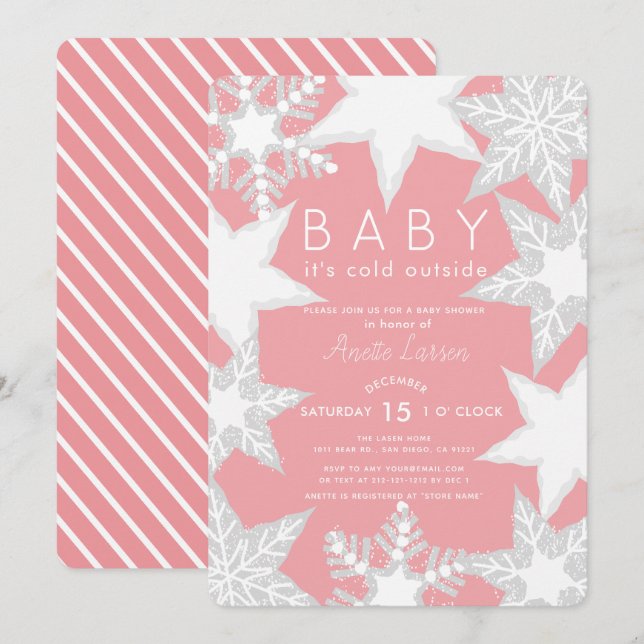 Invitación Baby Shower de invierno rosa con copos de nieve co (Anverso / Reverso)