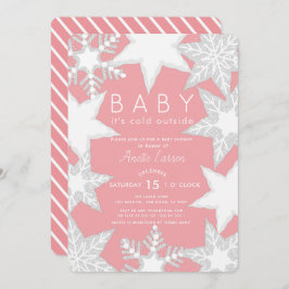 Invitación Baby Shower de invierno rosa con copos de nieve co