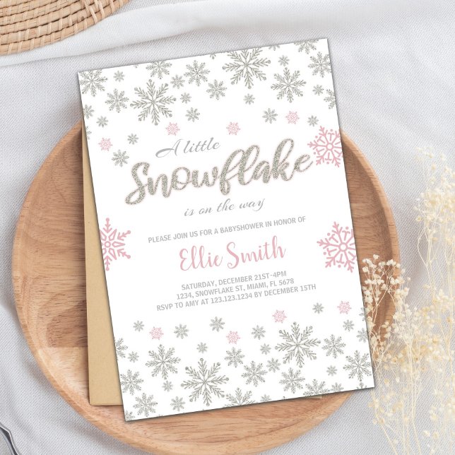 Invitación Baby Shower de invierno rosado plateado personaliz (Pink Silver Winter Baby Shower Invitations)