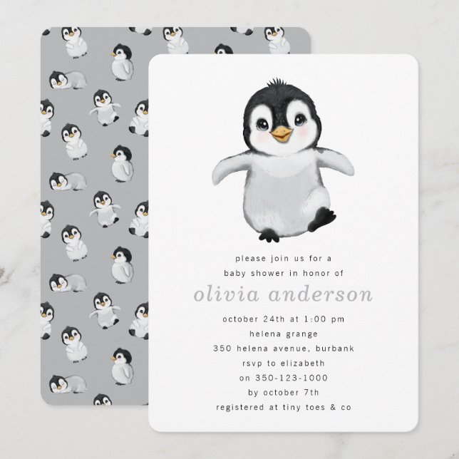 Invitación Baby Shower de invierno simple pingüino gris (Anverso / Reverso)
