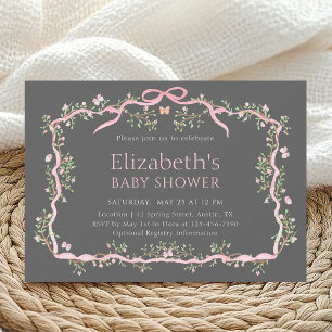 Invitación Baby Shower de Jardín de primavera gris y rosa