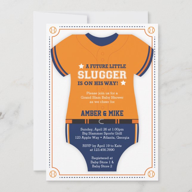 Invitación Baby Shower de Jersey de béisbol, Azul, Naranja (Anverso)