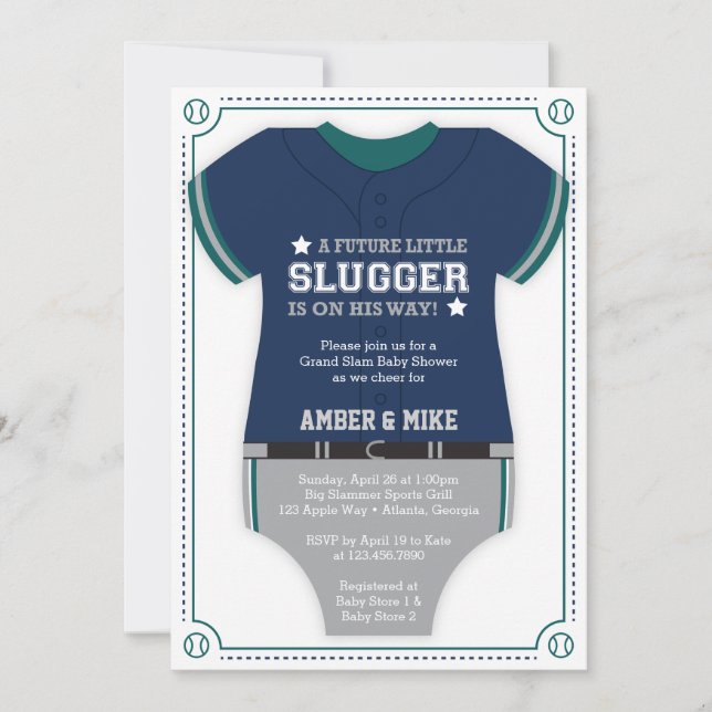Invitación Baby Shower de Jersey de béisbol, azul, verde (Anverso)