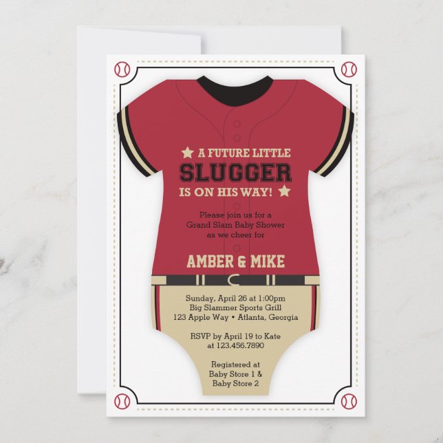 Invitación Baby Shower de Jersey de béisbol, rojo, (Anverso)