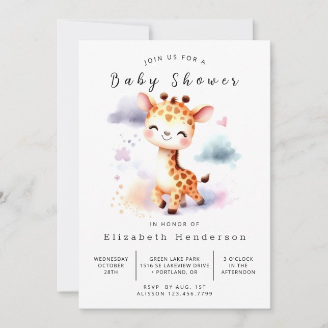Invitación Baby Shower de jirafa acuarela en línea (Anverso)