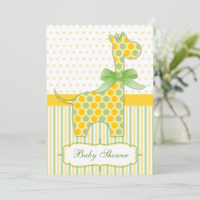 Invitación Baby Shower de jirafa amarilla y verde (Anverso de pie)