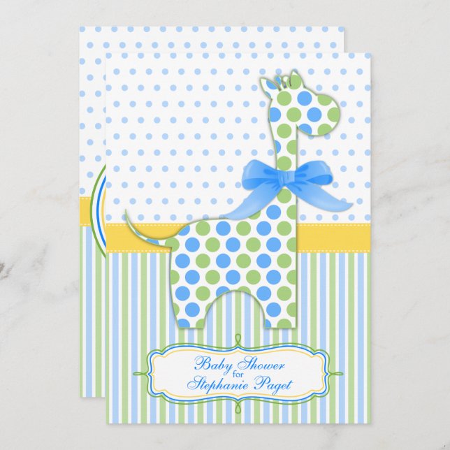 Invitación Baby Shower de jirafa amarillo verde azul (Anverso / Reverso)