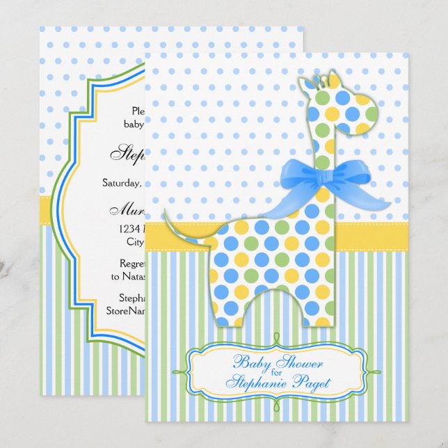 Invitación Baby Shower de jirafa amarillo verde azul (Anverso / Reverso)