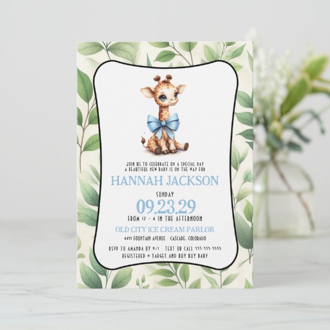 Invitación Baby Shower de jirafa azul (Anverso de pie)