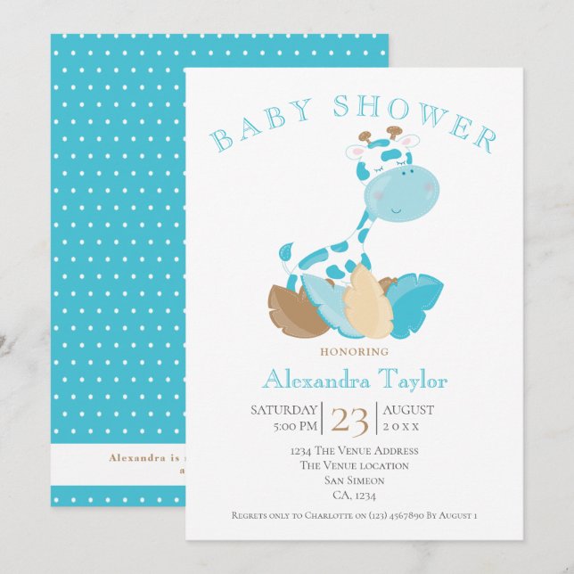 Invitación Baby Shower de jirafa azul personalizado (Anverso / Reverso)