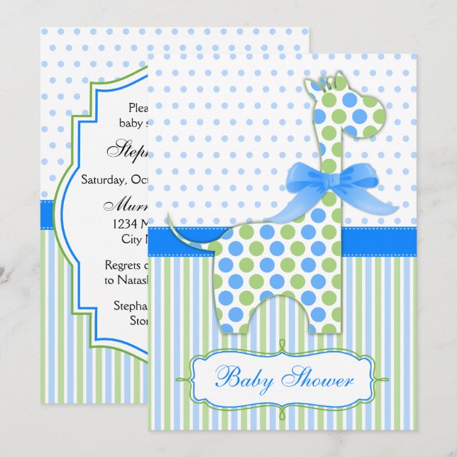 Invitación Baby Shower de jirafa azul y verde (Anverso / Reverso)